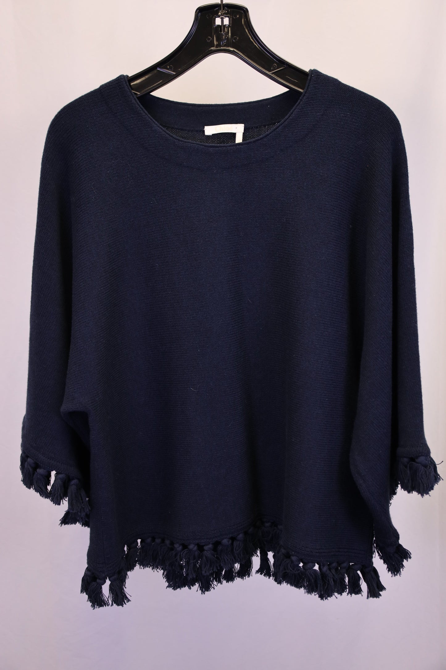 Chloe Fringed Sweater in Navy Wool