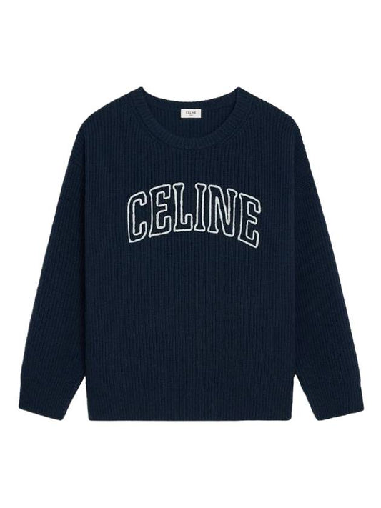 CELINE Logo Oversized Wool Knit Top Navy