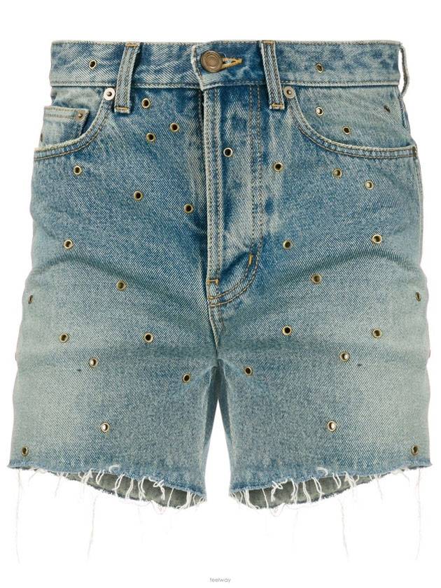 Saint Laurent Eyelet Stud Cotton Denim Shorts Blue