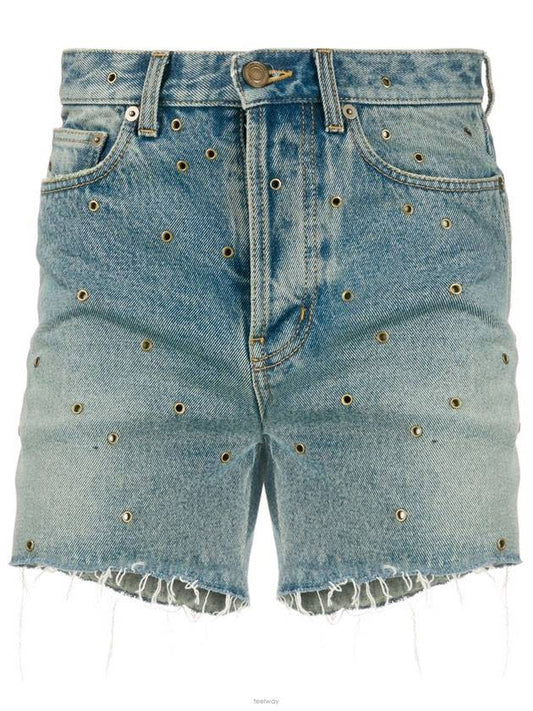 Saint Laurent Eyelet Stud Cotton Denim Shorts Blue