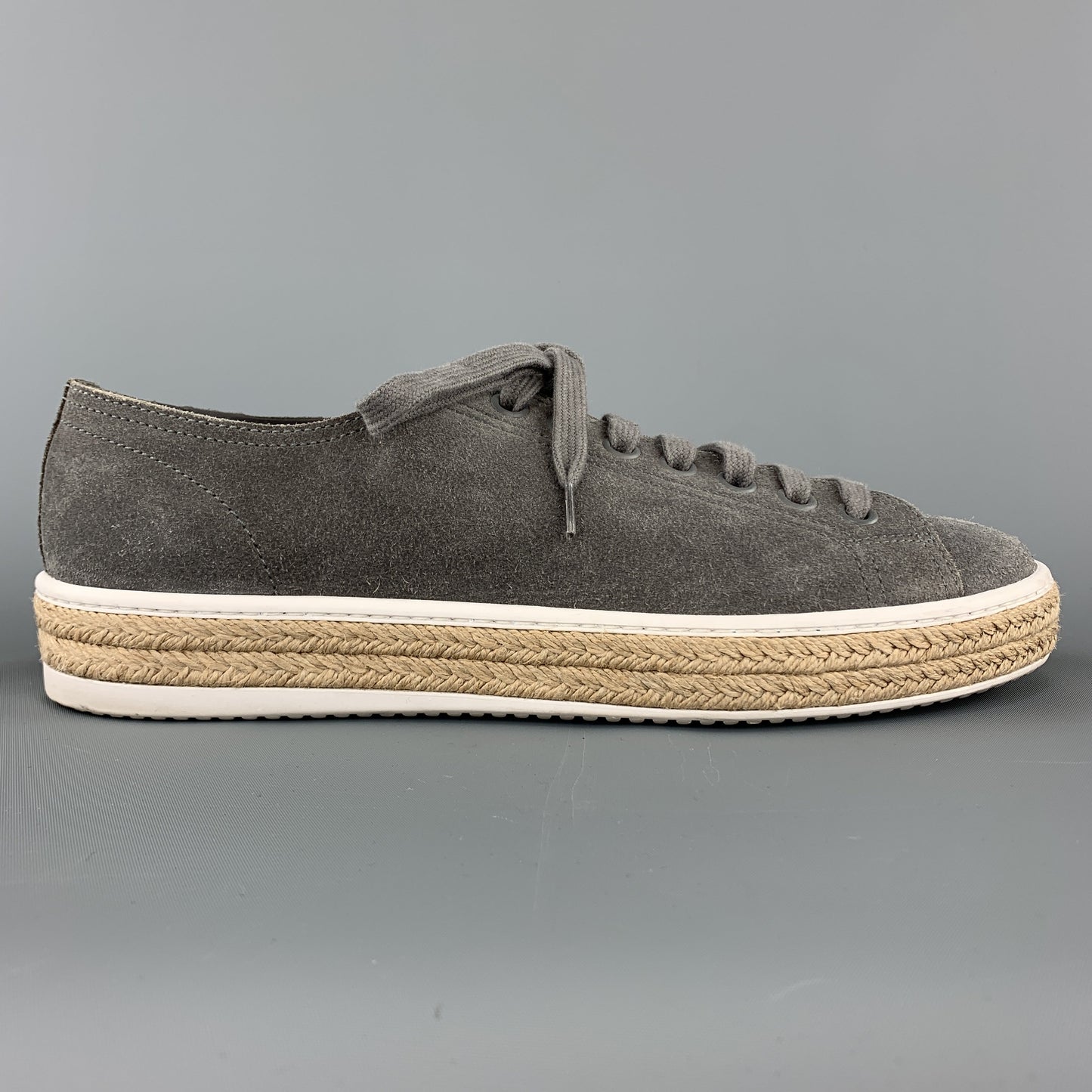 PRADA Size 9.5 Grey Suede Braided Midsole Lace Up Sneakers