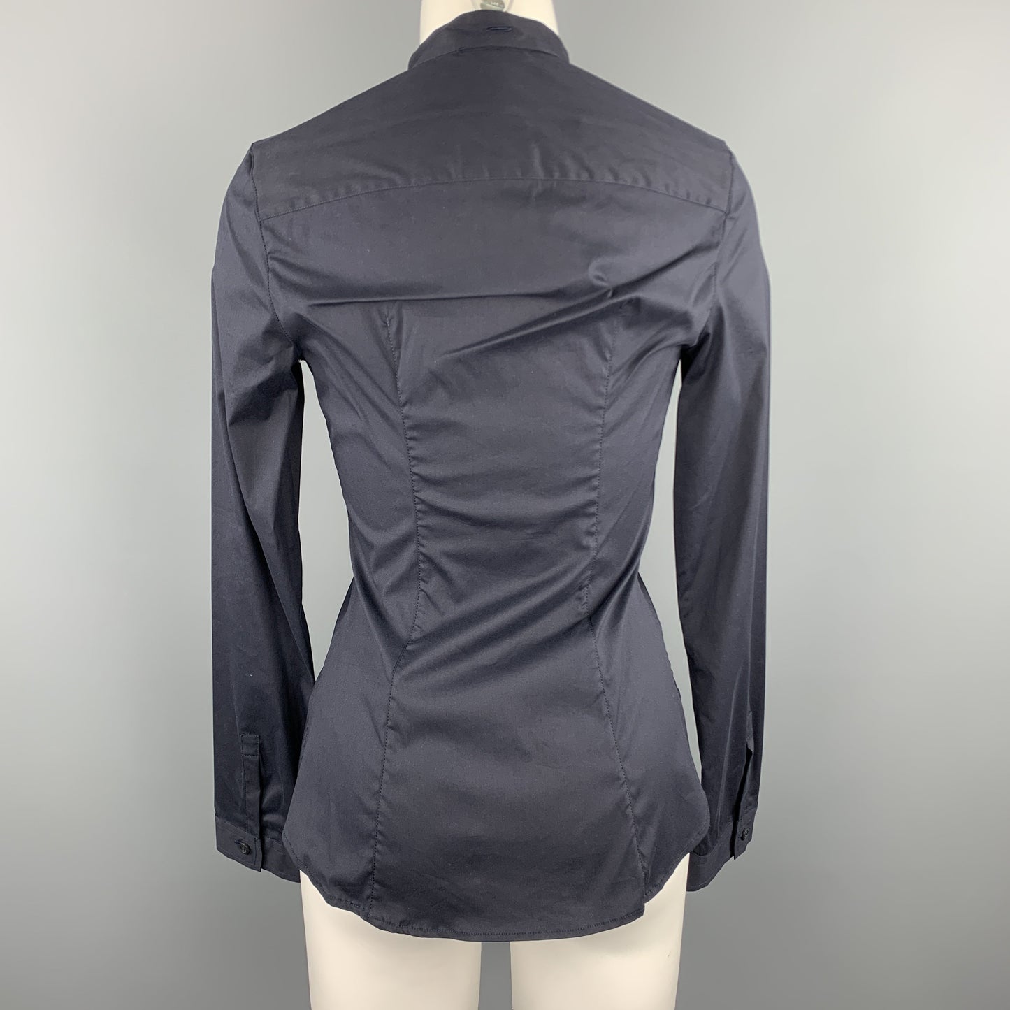 PRADA Size 4 Navy Stretch Cotton Band Collar Shirt