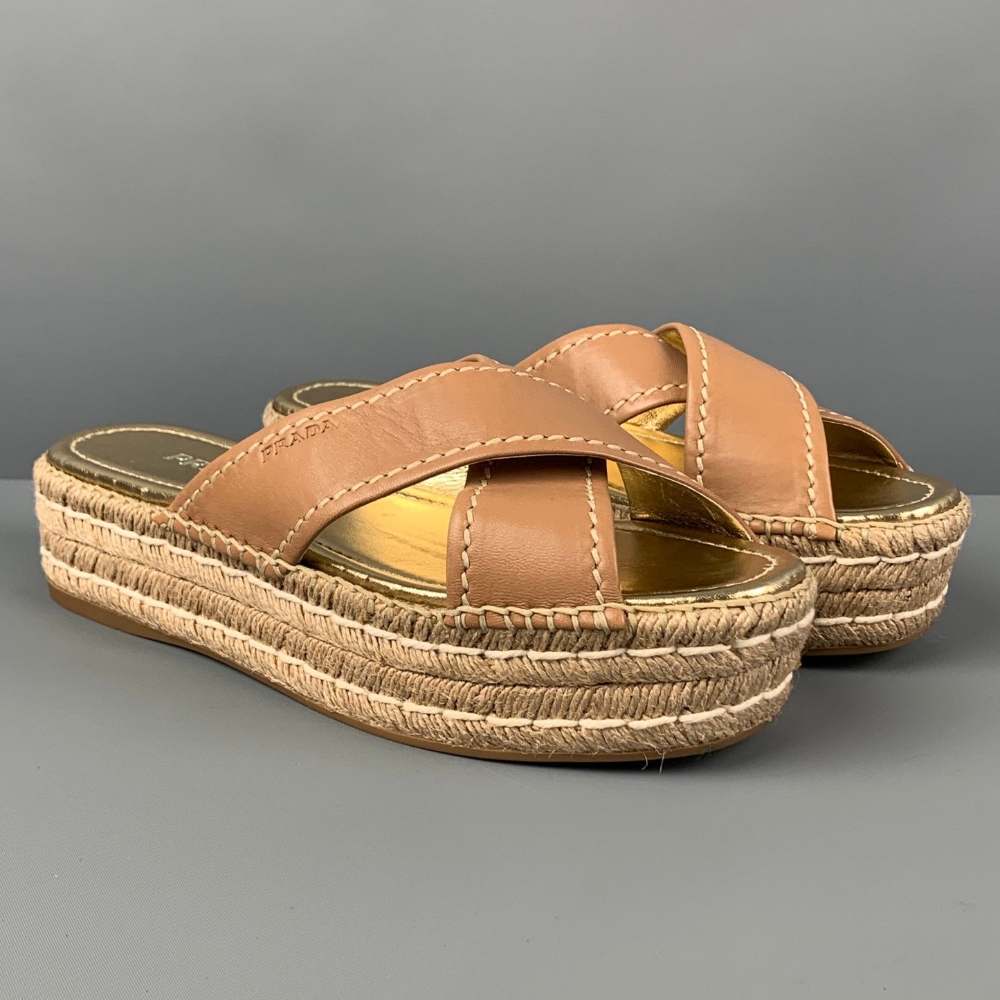 PRADA Size 10 Tan Gold Leather Espadrille Sandals
