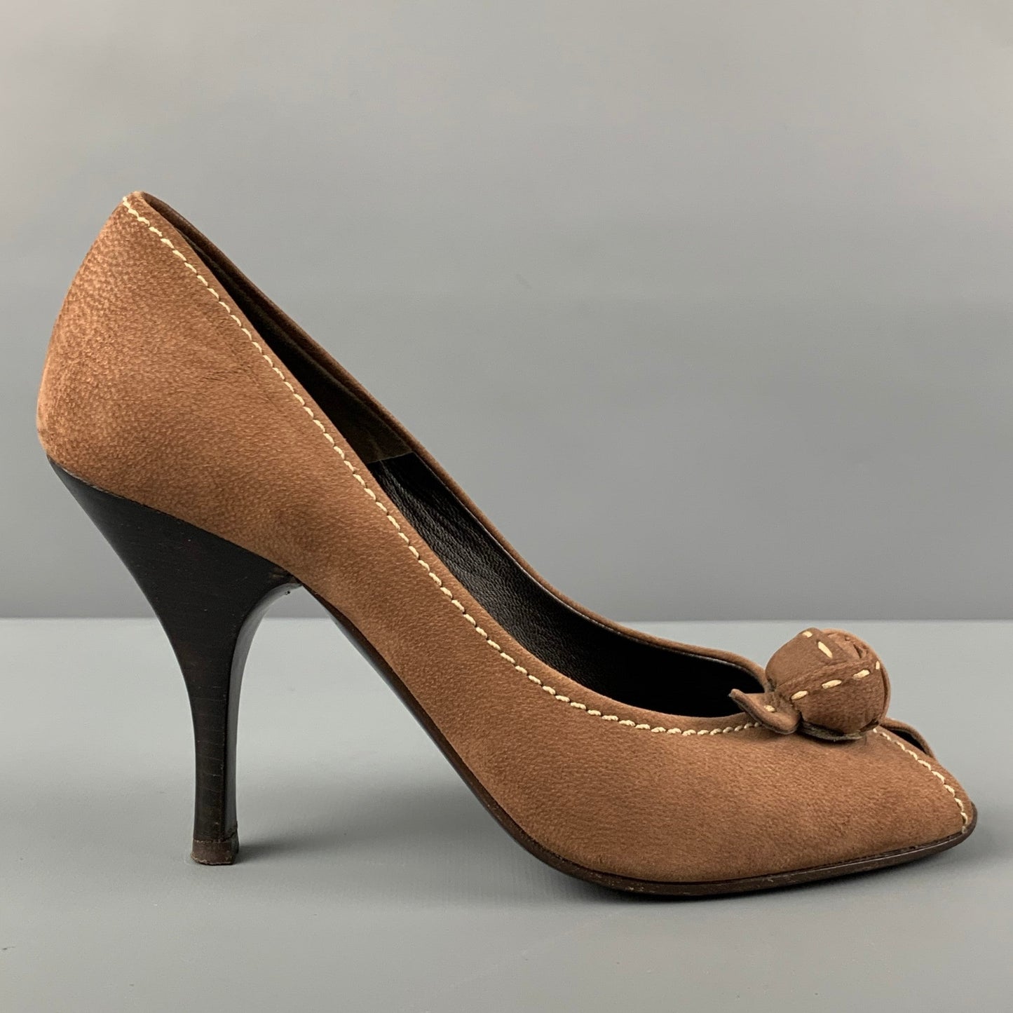 PRADA Size 6.5 Brown Suede Peep Toe Pumps