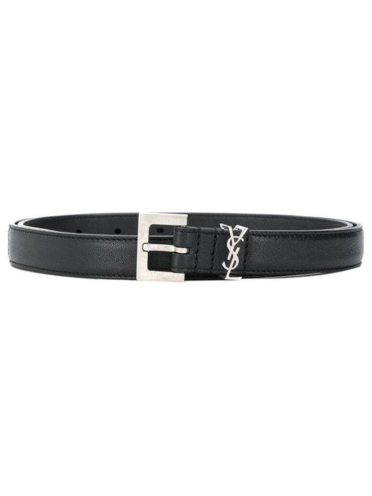 Saint Laurent Men's Monogram Silver Buckle Leather Belt Black