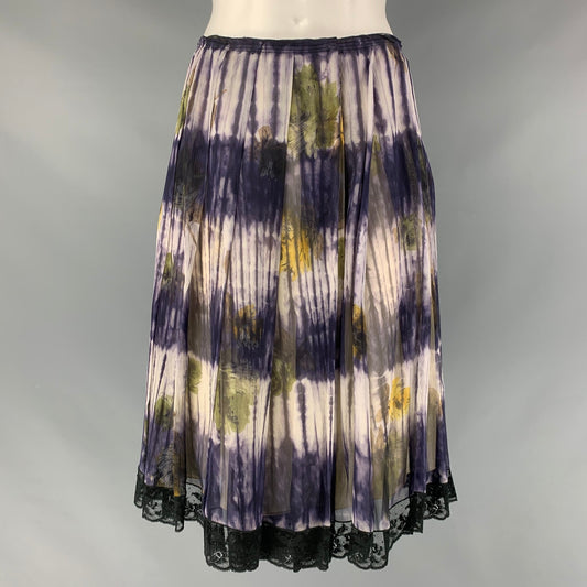 PRADA Size 4 Purple &  Cream Silk Floral Pleated Skirt