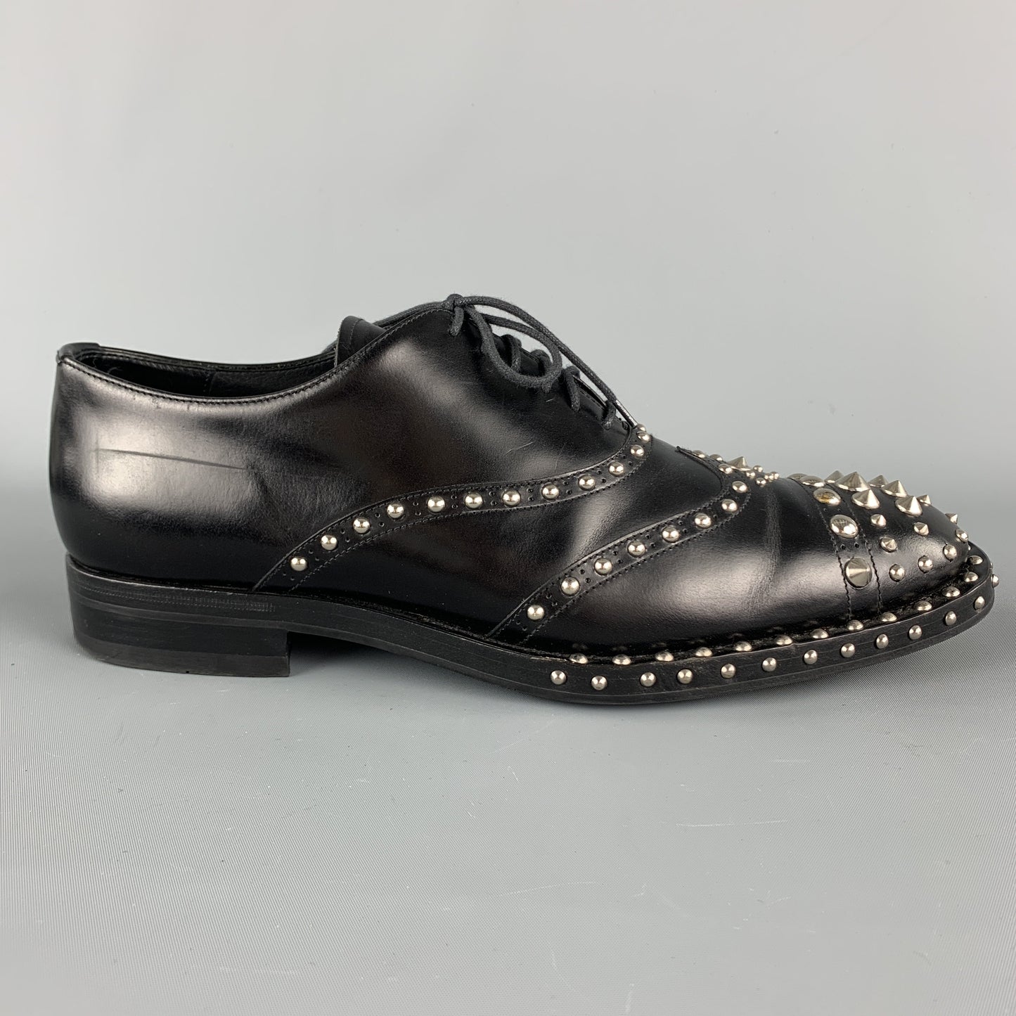 PRADA F/W 09 Size10.5 Black Studded Leather Cap Toe Lace Up Shoes