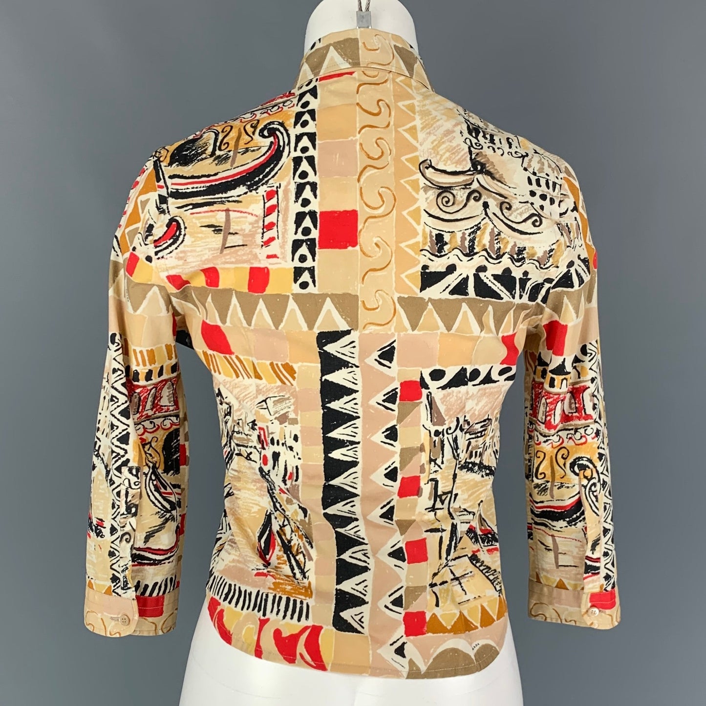 PRADA Size 4 Beige Brown Red Water Color Print Cotton Blouse