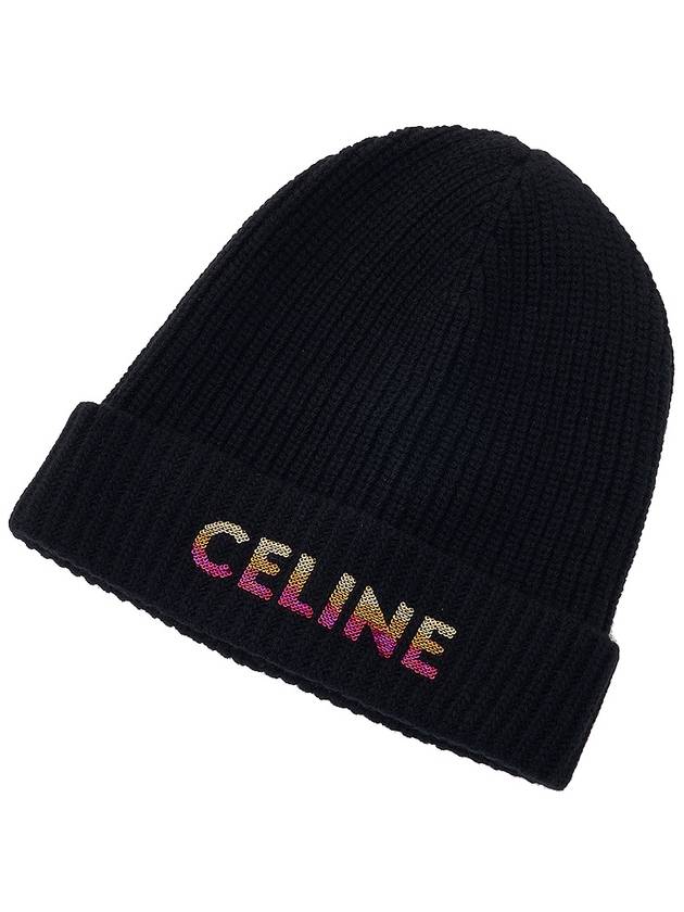 CELINE Embroidered Logo Wool Beanie Black
