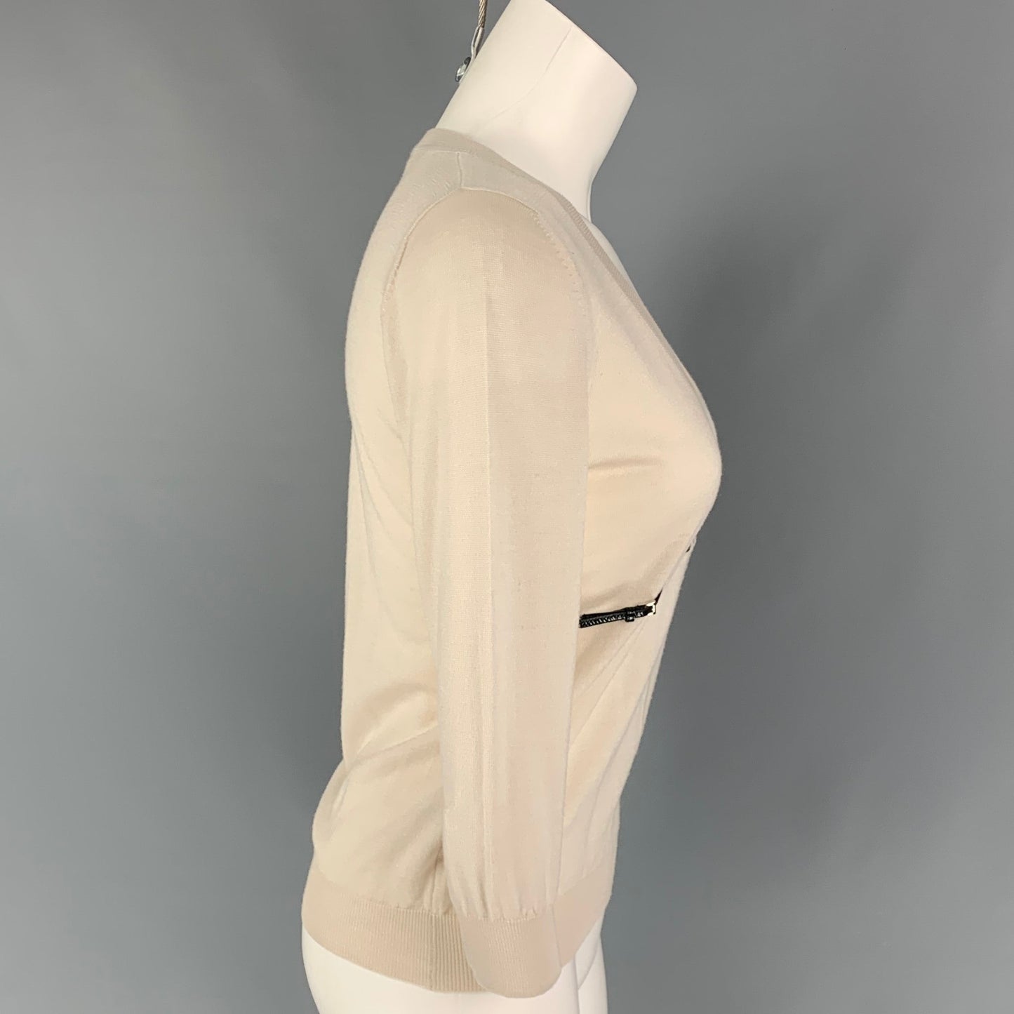 PRADA Size 4 Cream Black Wool Silk Patent Leather Pullover