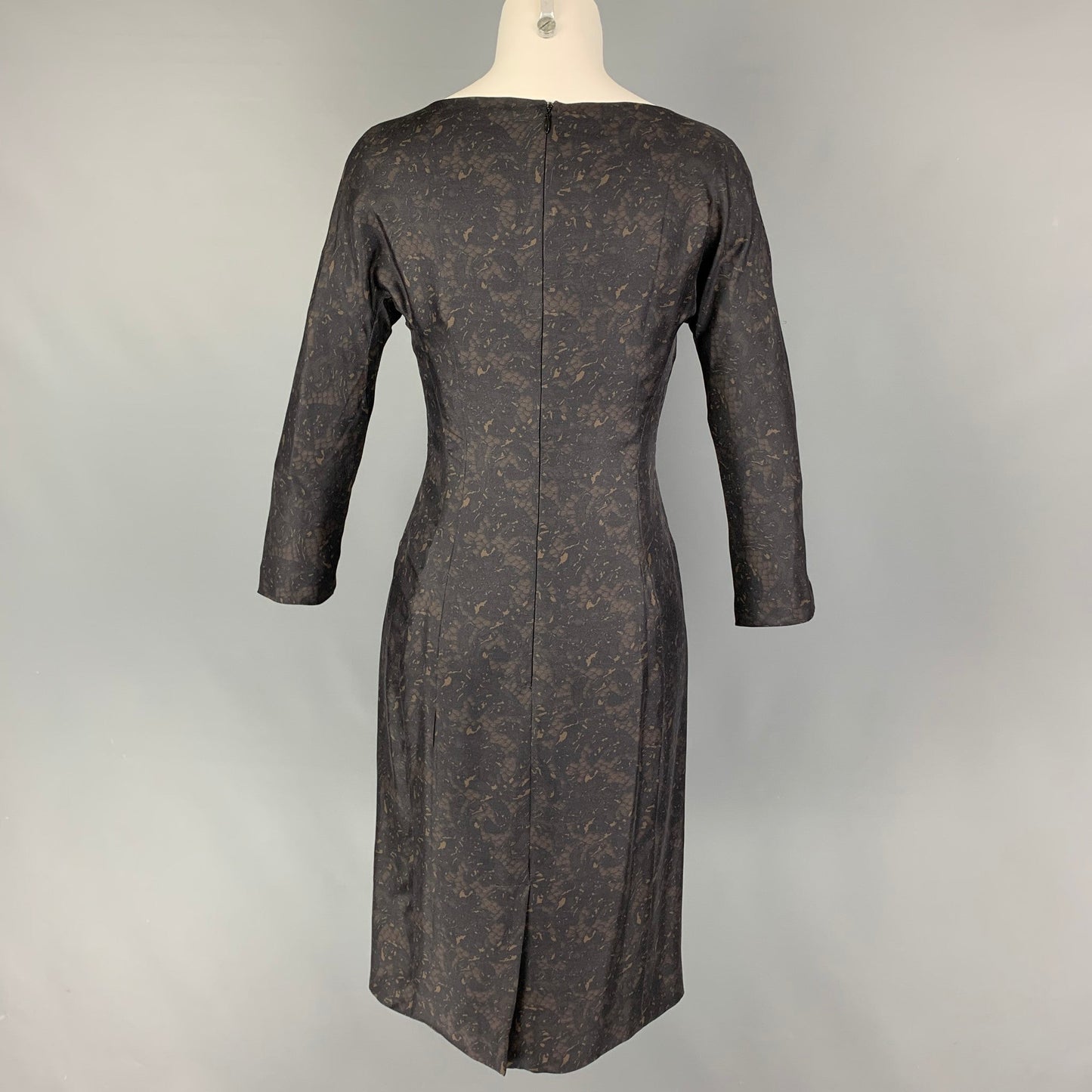 PRADA Size 2 Black Brown Silk Lace Print 3/4 Sleeves Dress