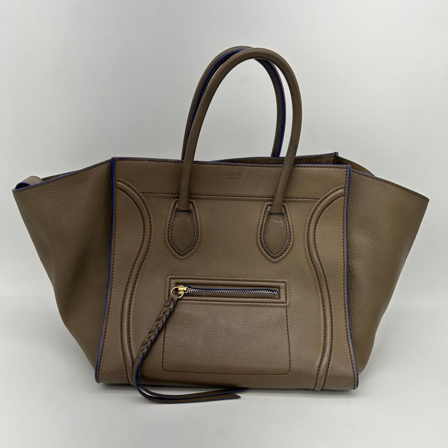 CELINE Smooth Calfskin Medium Phantom Luggage Khaki Cobalt Trim LA22130