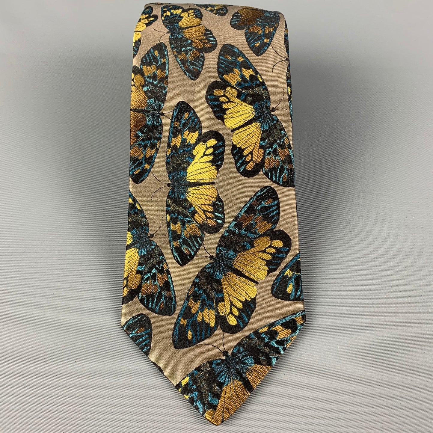 PRADA Taupe Gold Butterfly Silk Tie