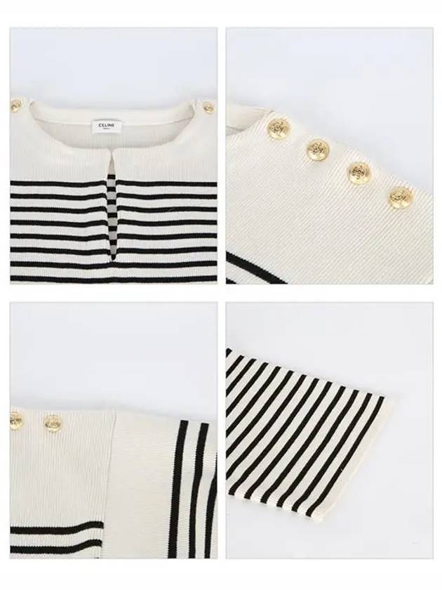 CELINE Striped Open Collar Button Cropped Knit Top Black Ivory