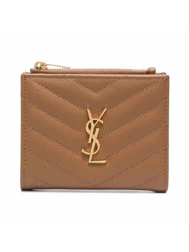 Saint Laurent Cassandre Matelasse Grain De Poudre Embossed Leather Half Wallet Brown