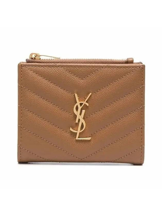 Saint Laurent Cassandre Matelasse Grain De Poudre Embossed Leather Half Wallet Brown