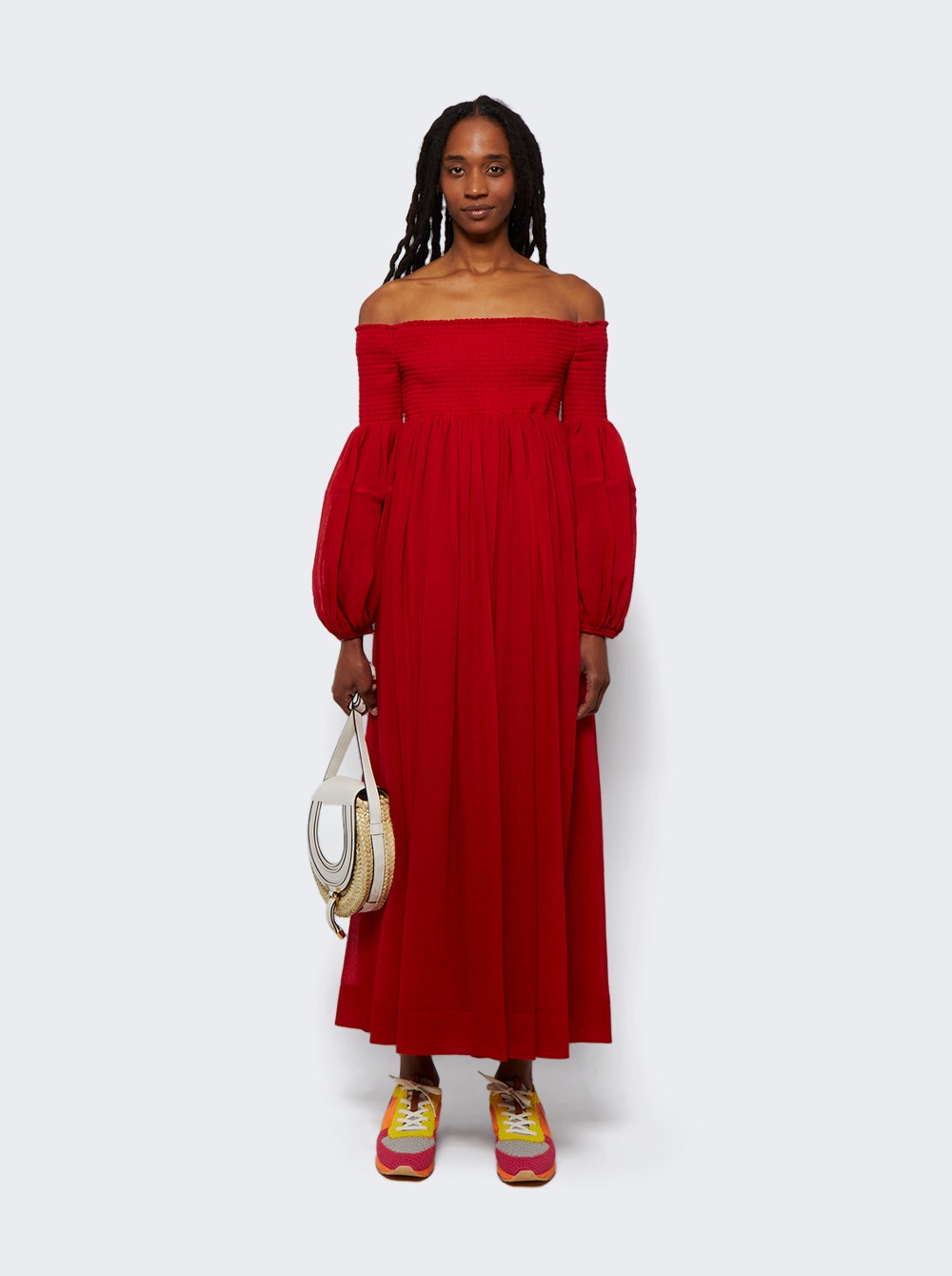 Chloe Off-Shoulder Wool Dress Red