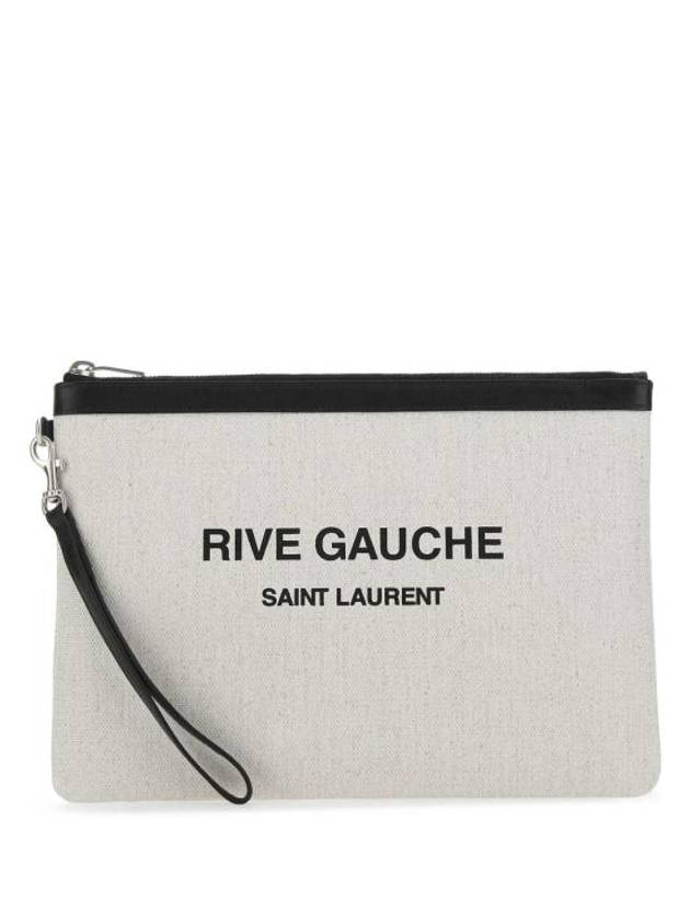 Saint Laurent Rive Gauche Zipper Strap Canvas Clutch Bag White