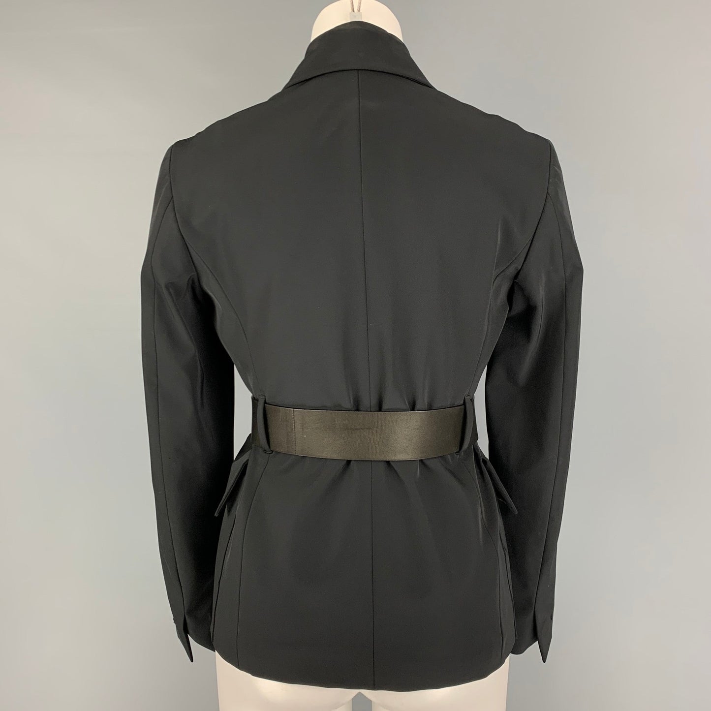 PRADA Size 4 Black Polyester Leather Belted Jacket
