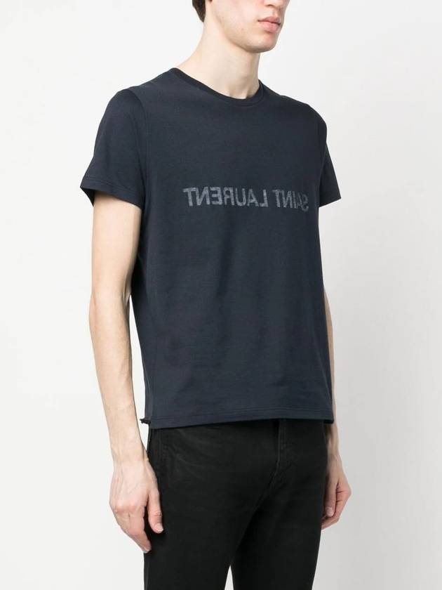 Saint Laurent Reverse Logo Print Cotton Short Sleeve T-Shirt Navy