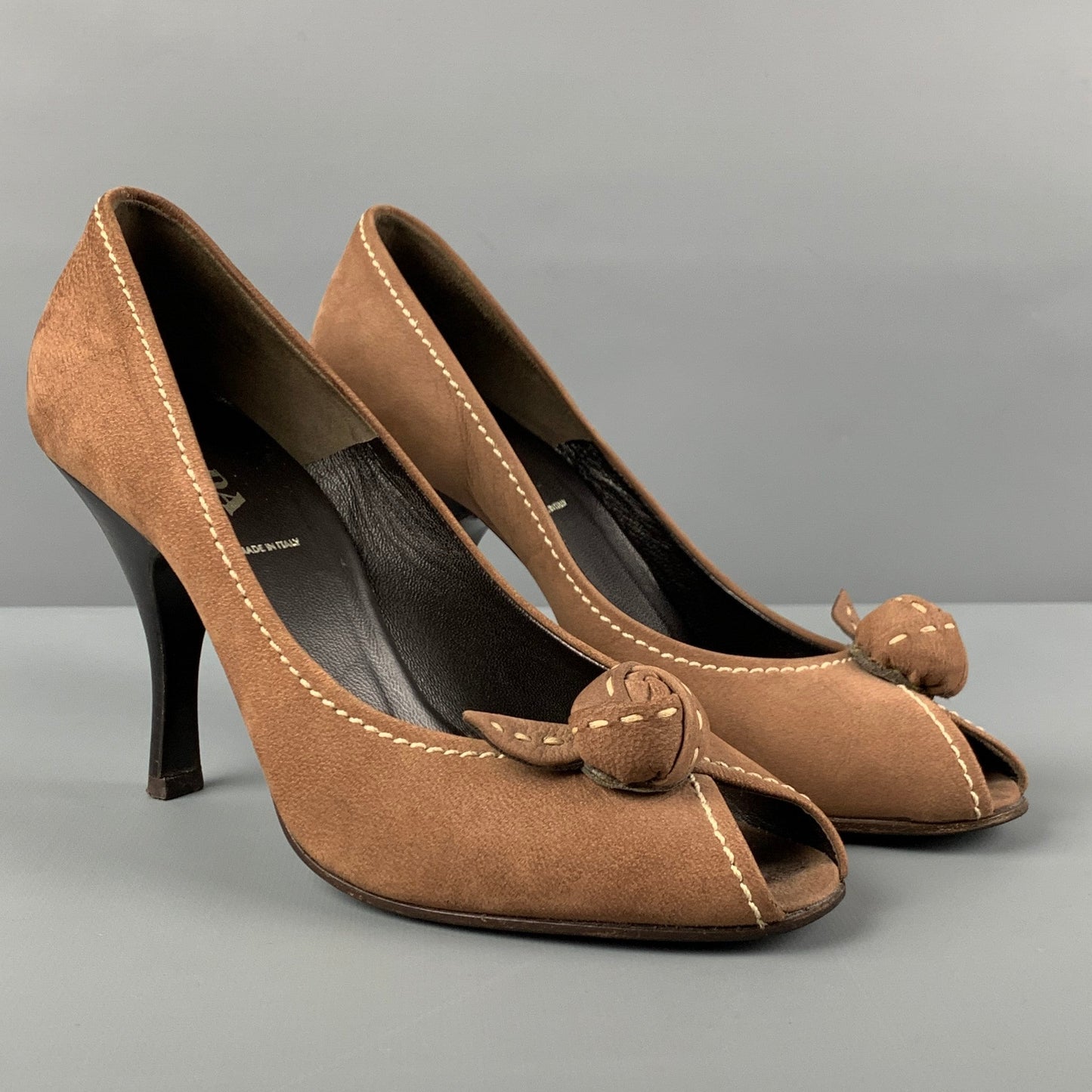 PRADA Size 6.5 Brown Suede Peep Toe Pumps