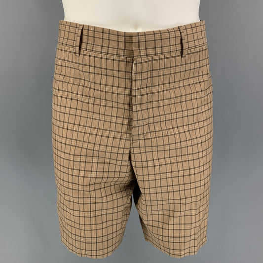 PRADA Size 38 Beige Brown Plaid Lana Wool Mohair Shorts