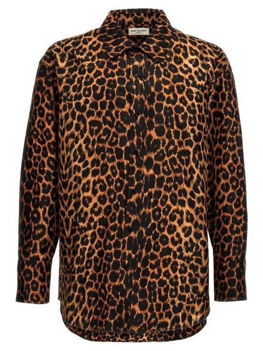 Saint Laurent Leopard Oversized Long Sleeve Shirt Brown