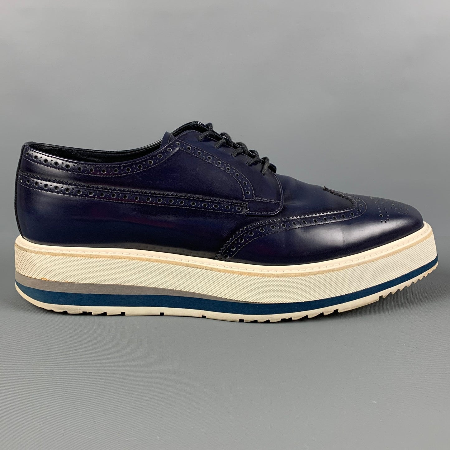 PRADA Size 10 Navy White Perforated Leather Platform Lace Up Shoes