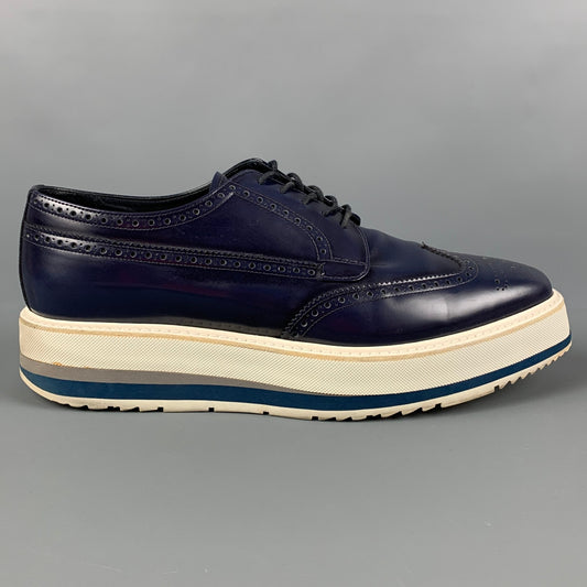 PRADA Size 10 Navy White Perforated Leather Platform Lace Up Shoes