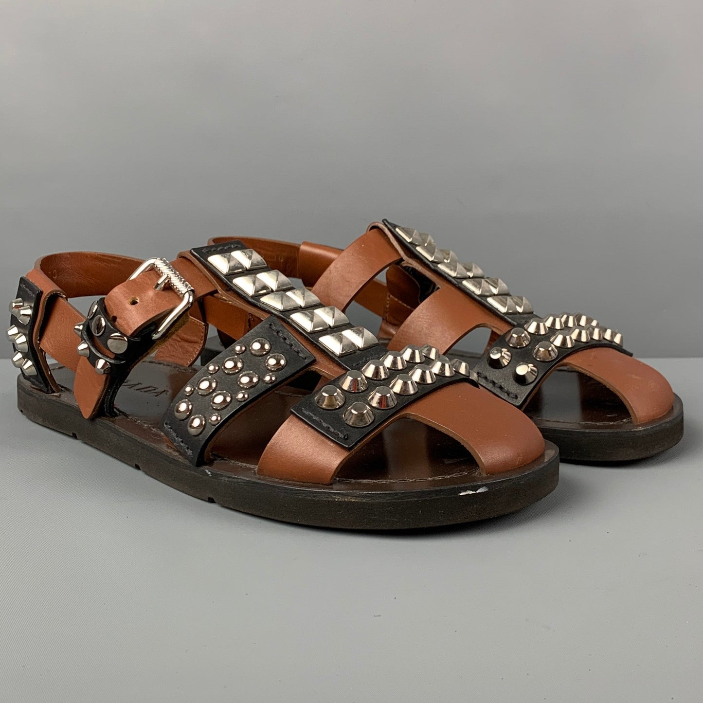 PRADA SS 18 Size 11 Black Brown Studded Leather Straps Sandals