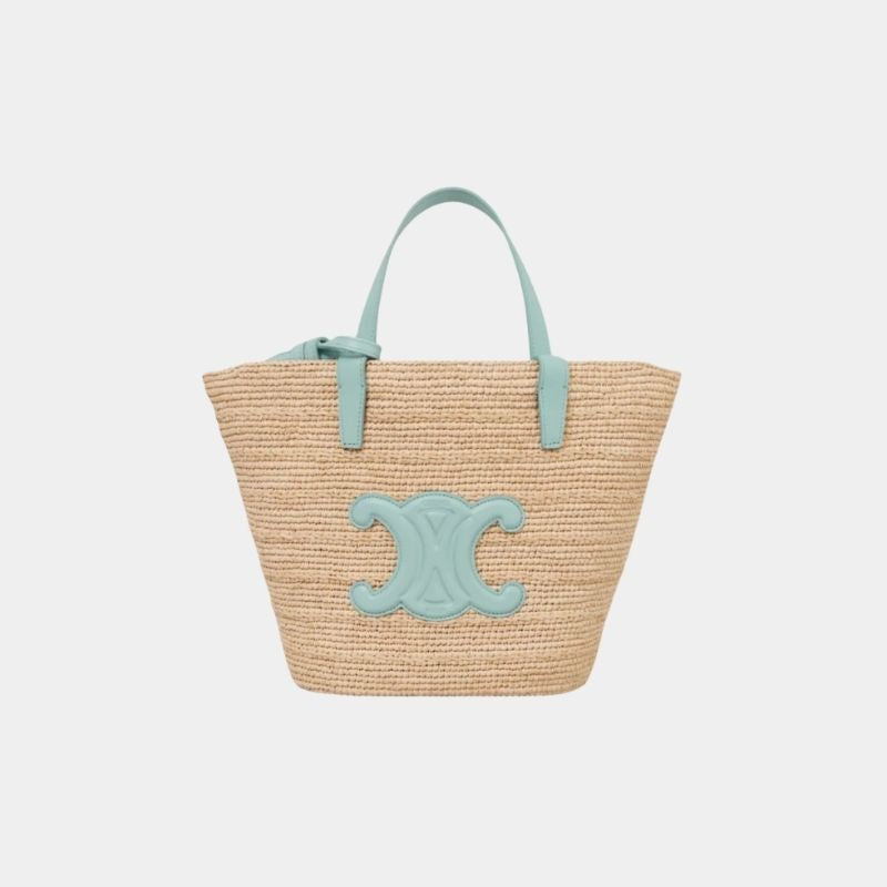 Celine Teen Supple Celine Classic Panier In Raffia And Calfskin Bag, Pool, FrontView