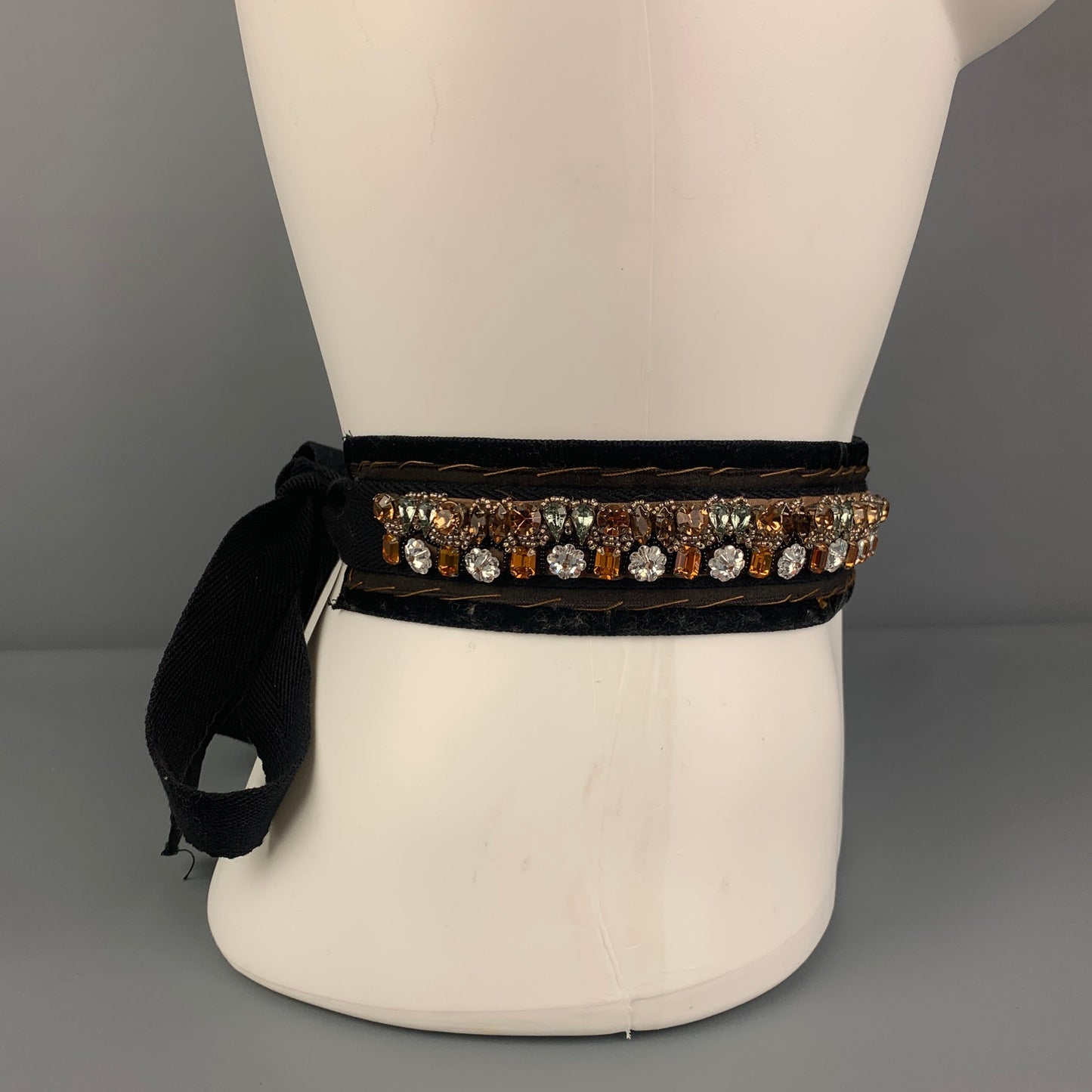PRADA One Size Black Gold Velvet Rhinestones Belt