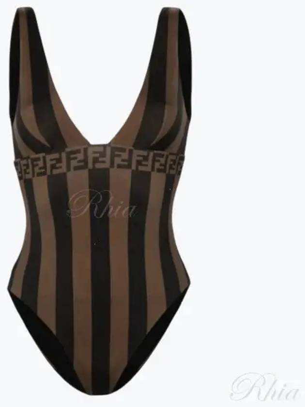 Fendi Striped V neck one piece swimsuit brown