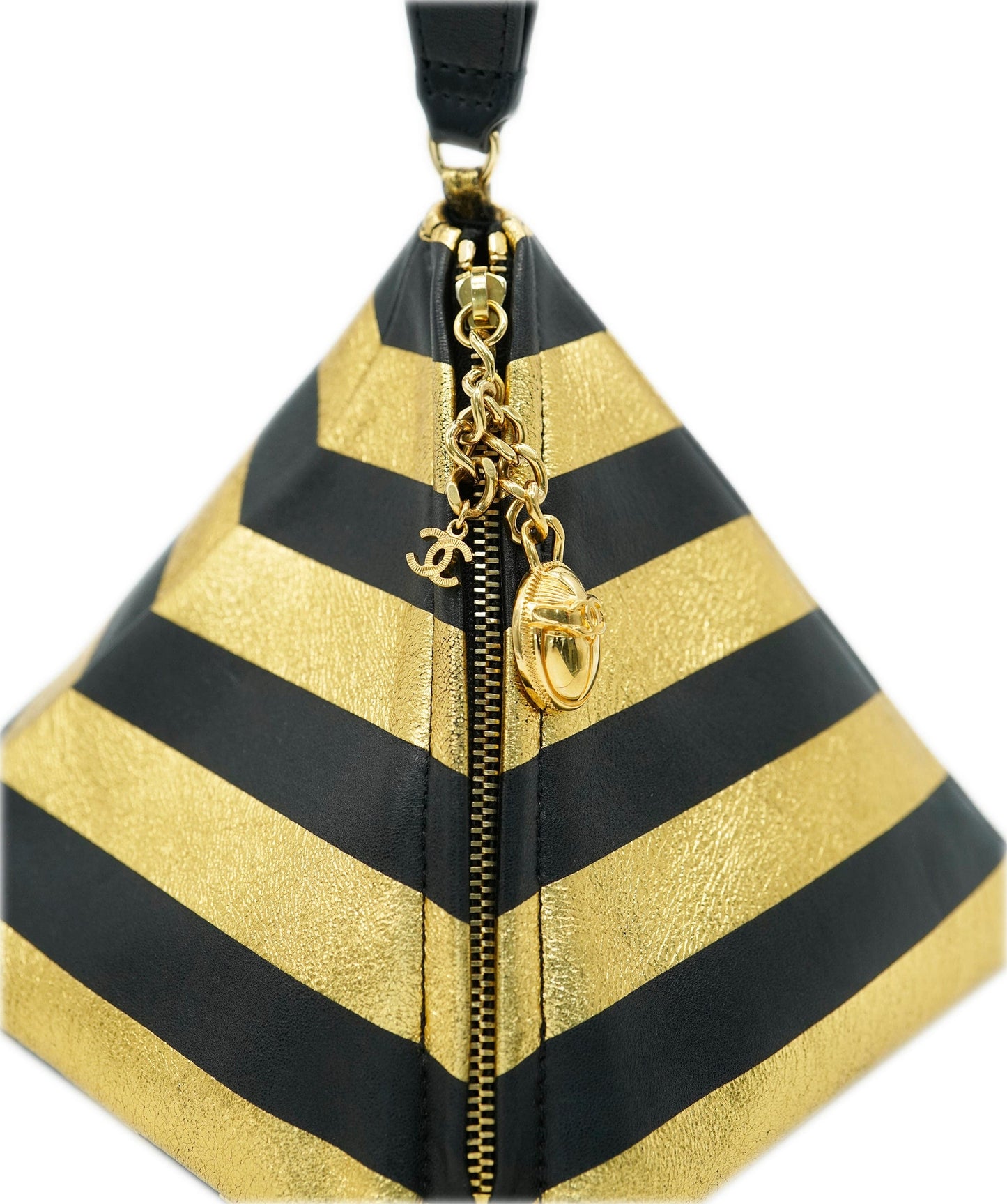 *RARE* CHANEL 2019 METIER D'ART BLACK & GOLD STRIPE LAMBSKIN LEATHER PYRAMID BAG WITH LOGO WRIST STRAP AND GOLD HARDWARE DXBS2075