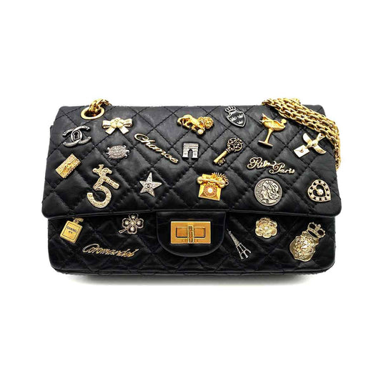 CHANEL 2.55 EMBROIDERY CHAIN SHOULDER BAG ICON BLACK CALF SKIN 90226493