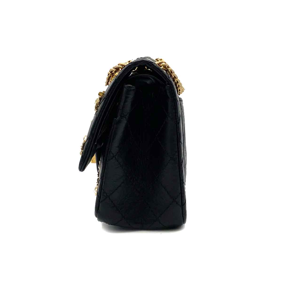 CHANEL 2.55 EMBROIDERY CHAIN SHOULDER BAG ICON BLACK CALF SKIN 90226493