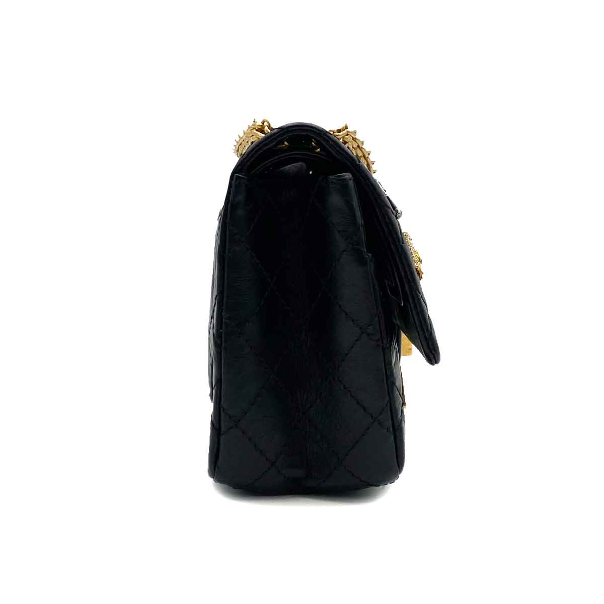 CHANEL 2.55 EMBROIDERY CHAIN SHOULDER BAG ICON BLACK CALF SKIN 90226493