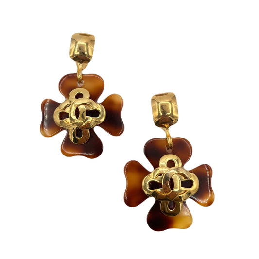 Chanel Vintage Earrings (Clip-On) Tortoiseshell Clover CC 95P 90215543