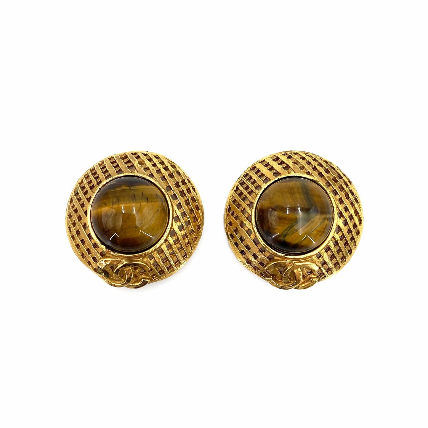 Chanel Vintage Earrings (Clip-On) Weave CC Tiger Eye 94P 90240938