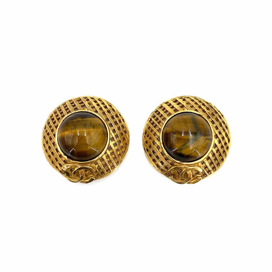 Chanel Vintage Earrings (Clip-On) Weave CC Tiger Eye 94P 90240938