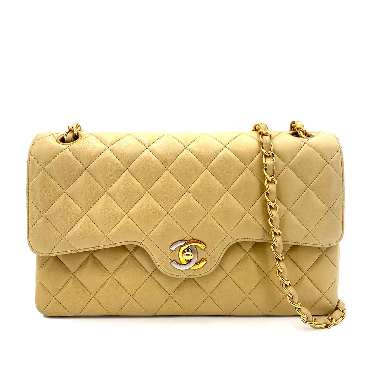CHANEL VINTAGE PARIS ONLY MATELASSE CHAIN SHOULDER BAG BEIGE LAMB SKIN 90240427