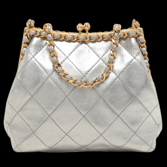 Silver Leather Chanel Bucket Bag