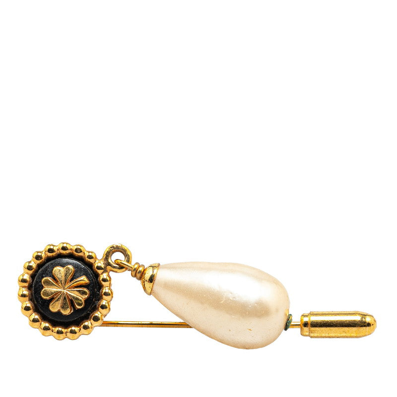 Chanel Clover Motif Faux Pearl Brooch Gold Plated