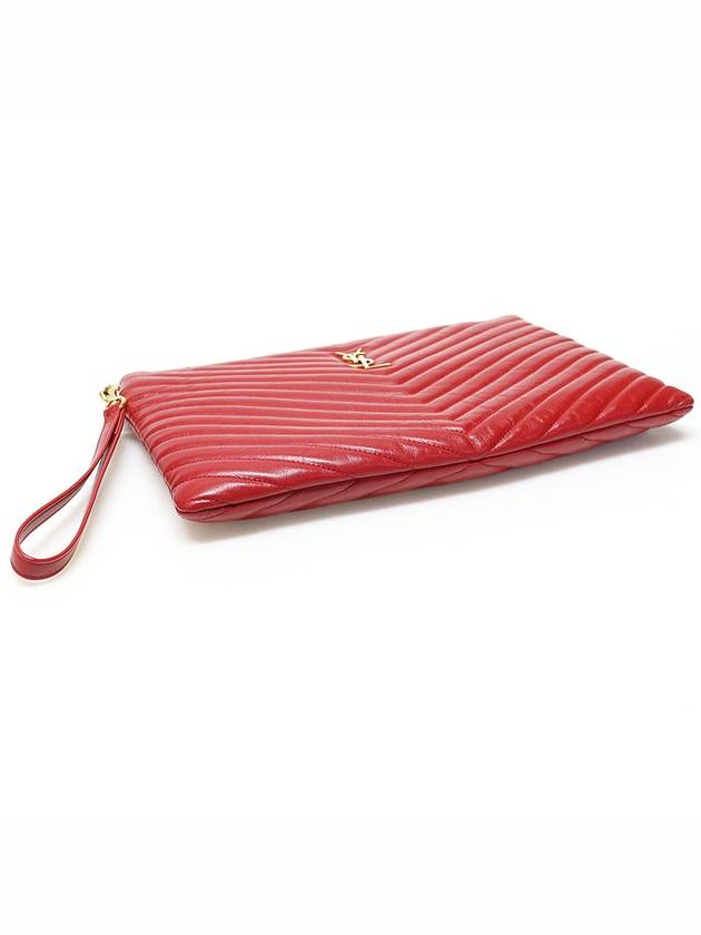 Saint Laurent 559193 Red Matelasse Quilted Calfskin Gold Monogram Tablet New Medium Pouch Clutch