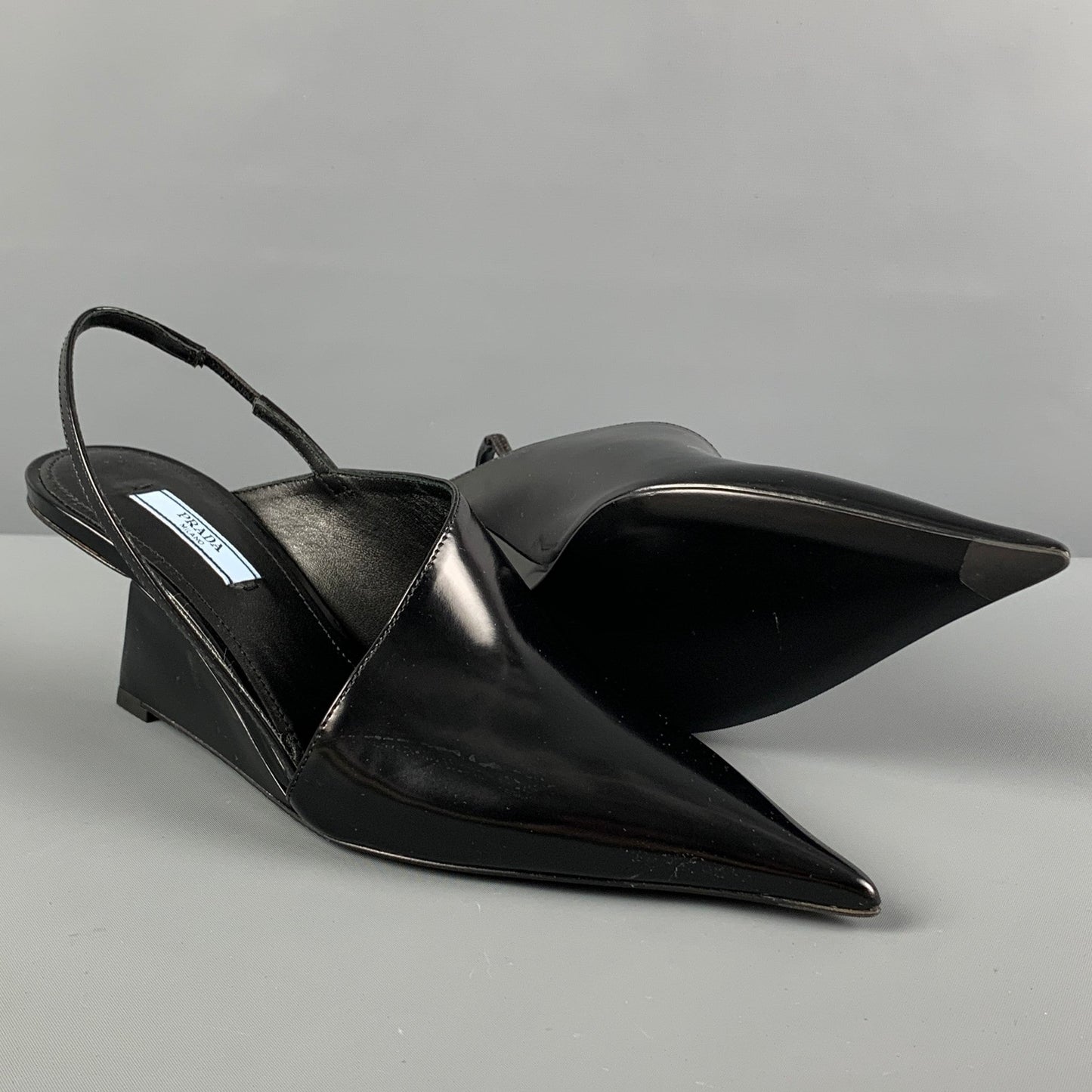 PRADA Size 7.5 Black Leather Slingback Wedge Pumps