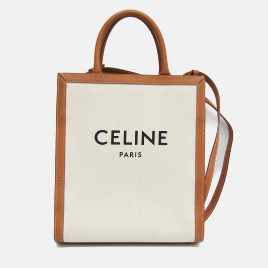 Celine Camel/Off-White Leather and Canvas Vertical Cabas Tote Bag