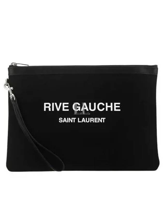Saint Laurent Men's Rive Gauche White Logo Canvas Clutch Bag Black