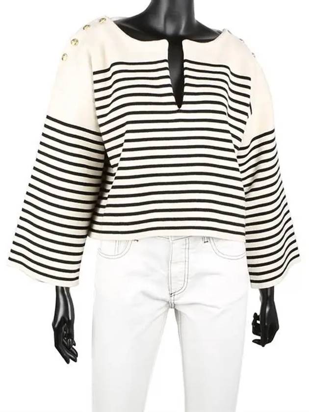 CELINE Striped Open Collar Button Cropped Knit Top Black Ivory