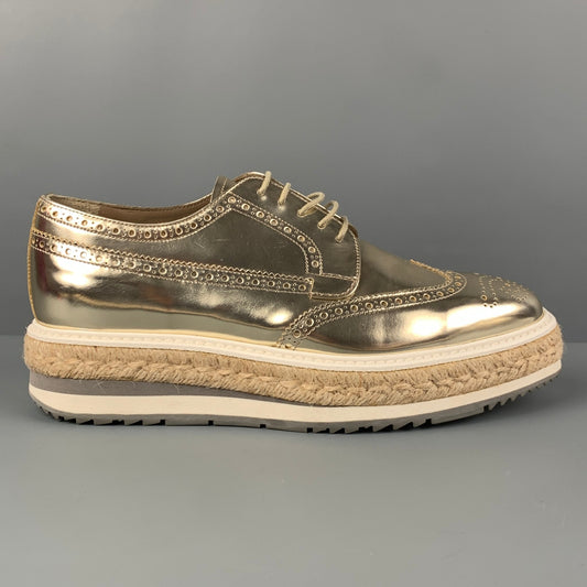PRADA Size 6.5 Gold Leather Perforated Wingtip Lace Up Shoes