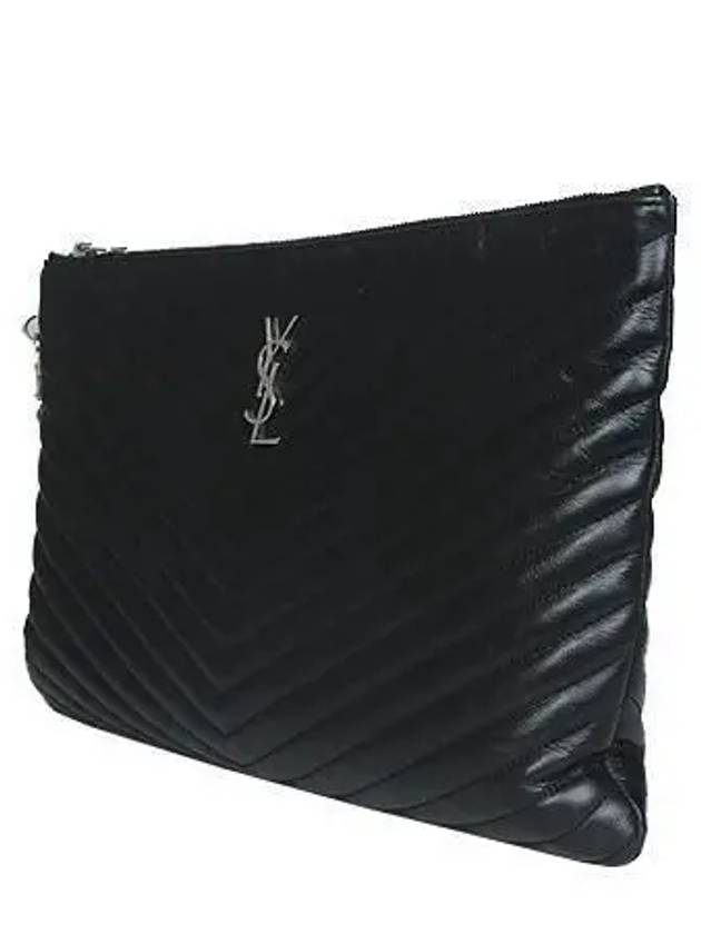 Saint Laurent 440222 YSL silver logo black lambskin matelass strap clutch bag